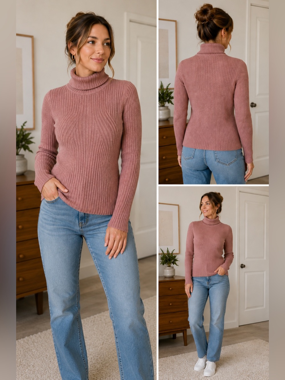 White Stag Ribbed Turtleneck Sweater Dusty Rose Pink Size S